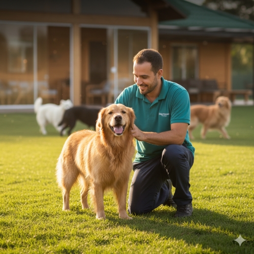 Cuidador com um cão feliz